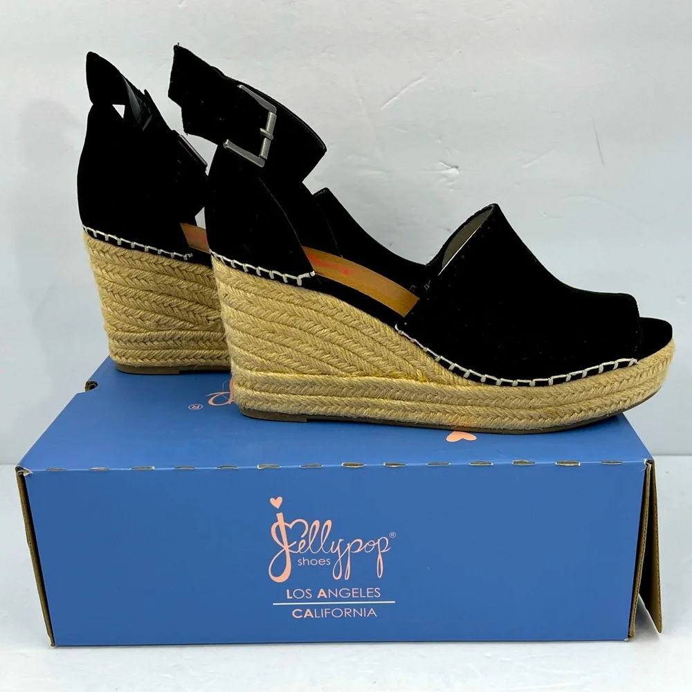 JELLYPOP, RAVISHING BLACK ESPADRILLE, PEEP TOE, WEDGES ADJUSTABLE ANKLE LOOP,10M - Picture 4 of 16